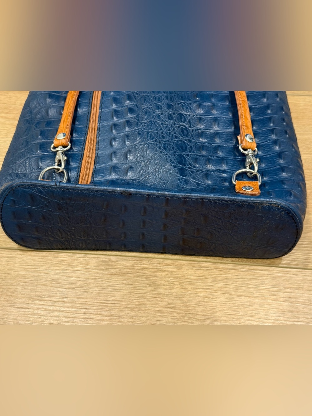 Italian Genuine Leather Croc Embossed Tote Bag Blue Cognac Shoulder Purse - Picture 4 of 12